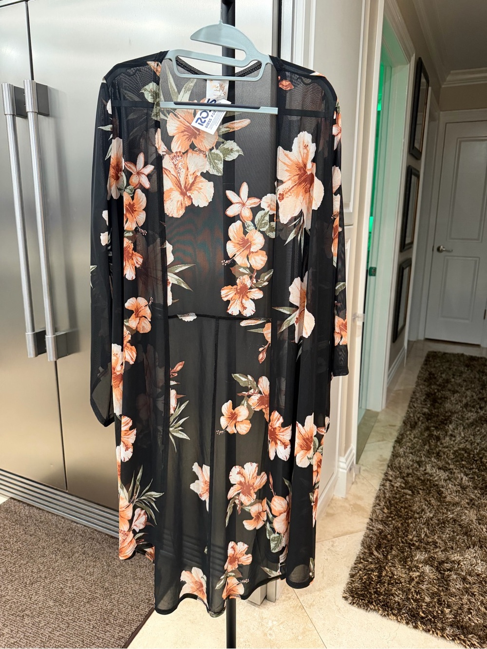 Floral Sheer Kimono Dress - Black with Peach Blossoms